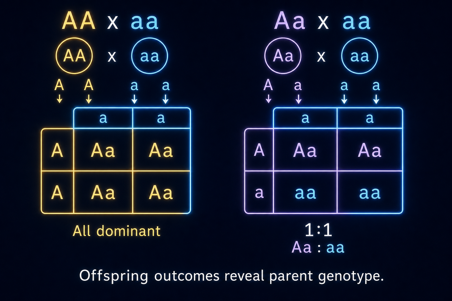 AP Biology AA vs Aa test cross comparison showing all dominant vs one-to-one offspring results