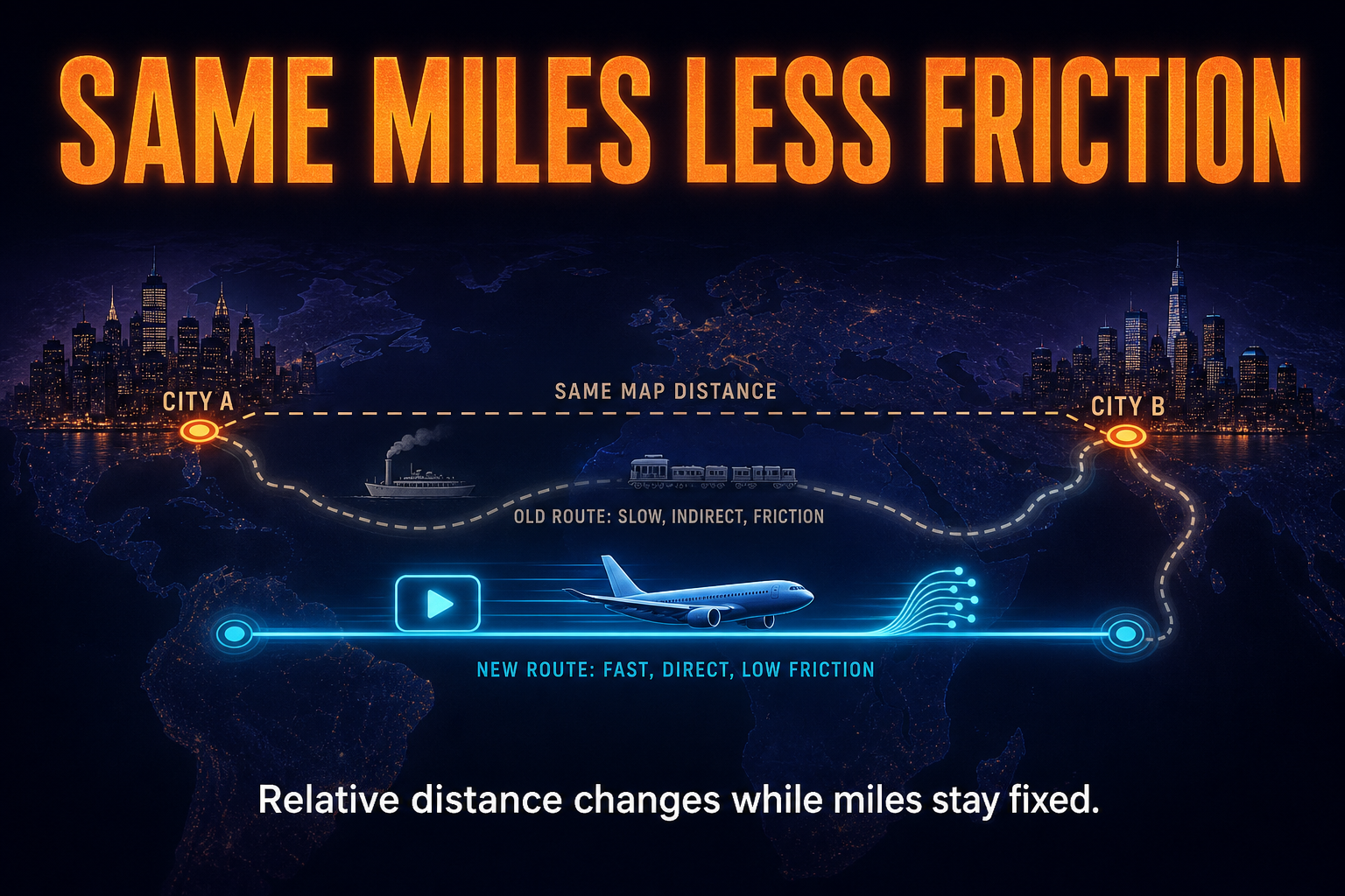 Absolute versus relative distance in AP Human Geography showing same physical distance but reduced travel time cost and communication delay