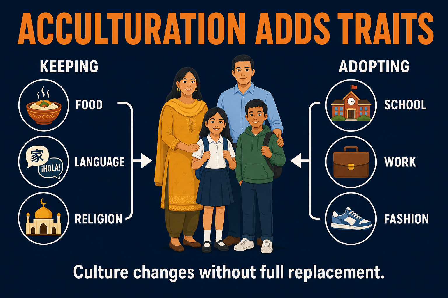 AP Human Geography acculturation visual showing migrants adopting new school work and fashion traits while keeping home food language and religion