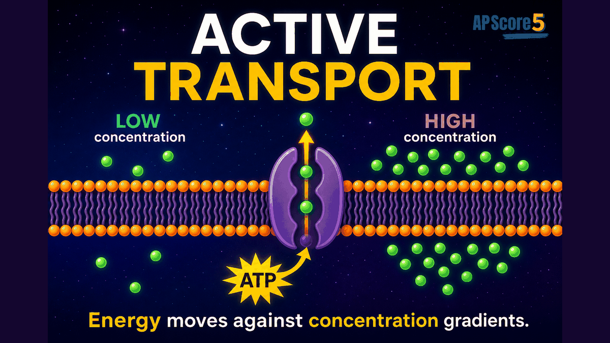 Active transport AP Biology infographic showing molecules moving from low concentration to high concentration through a membrane pump using ATP
