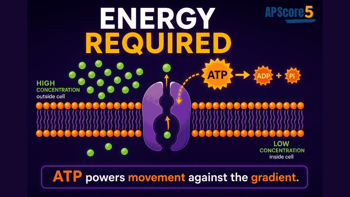 Active transport energy rule AP Biology infographic showing ATP powering movement against a concentration gradient