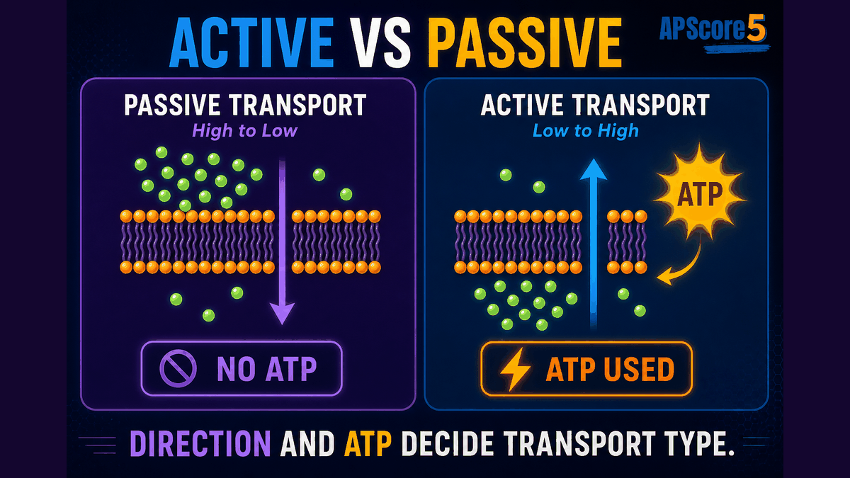Active vs passive transport AP Biology infographic comparing passive high to low movement without ATP and active low to high movement with ATP