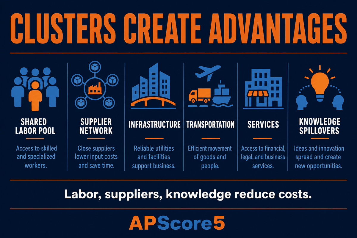 AP Human Geography agglomeration economies infographic showing shared labor pools, supplier networks, infrastructure, services, and knowledge spillovers.