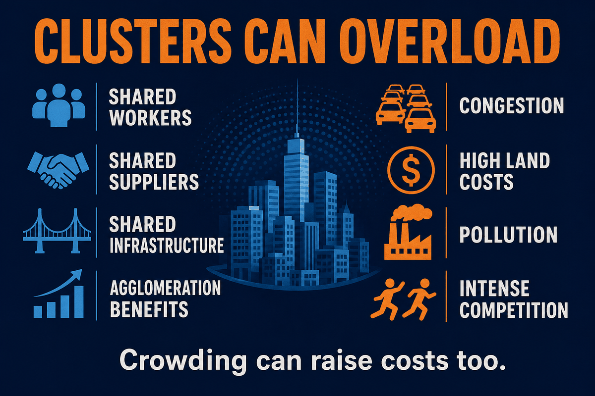 AP Human Geography agglomeration versus diseconomies infographic showing benefits of clustering and problems like congestion, high land costs, pollution, and competition.