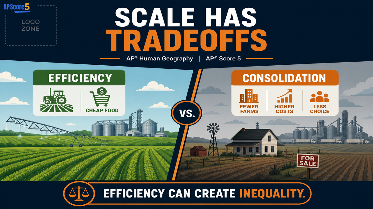 Agribusiness benefits and costs AP Human Geography infographic comparing efficiency and cheaper food with corporate consolidation and small farmer pressure