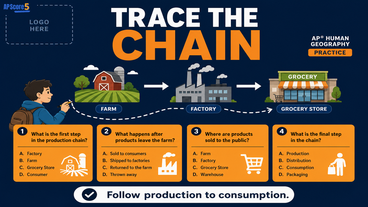 Agribusiness AP Human Geography practice image showing students tracing food from farm to factory to store