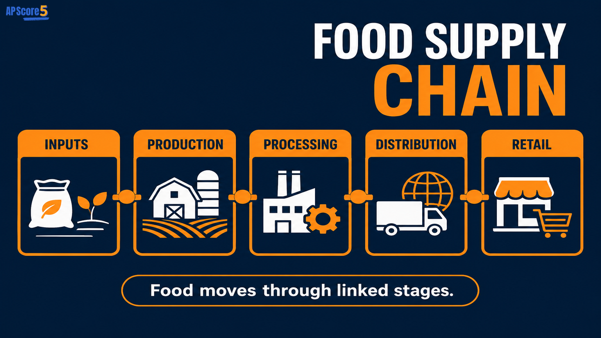 Agribusiness supply chain AP Human Geography infographic showing inputs, production, processing, distribution, retail, and consumers