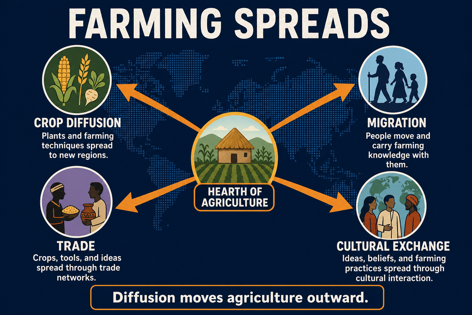 Agricultural hearths diffusion AP Human Geography infographic showing crops and farming practices spreading through migration, trade, and cultural exchange