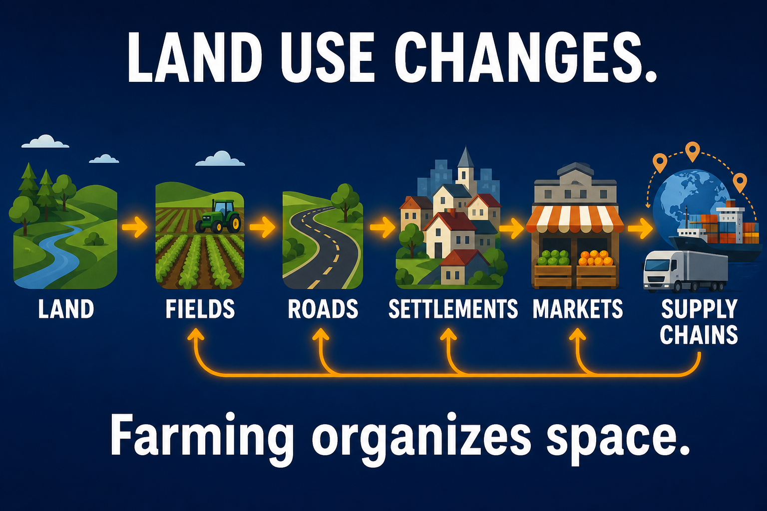 Agriculture shapes land use AP Human Geography infographic showing farming changing land into fields, roads, settlements, markets, and supply chains