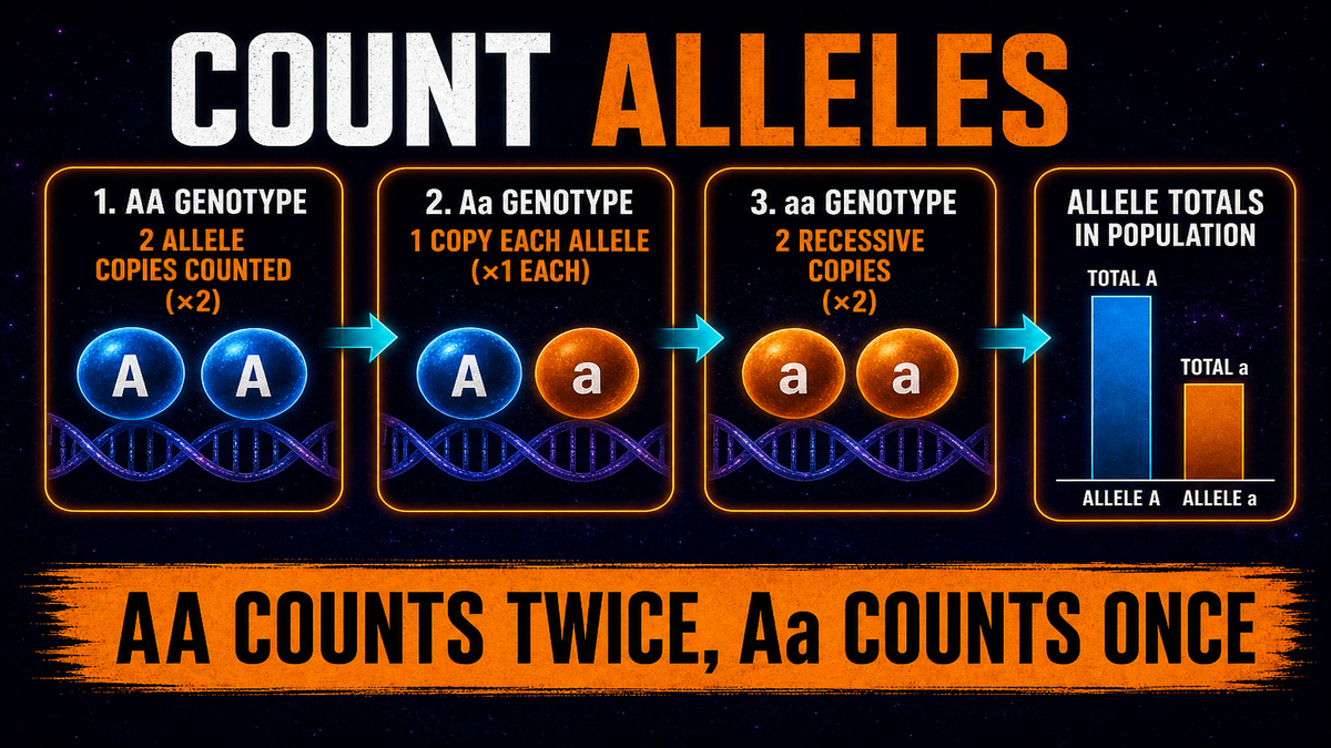 Allele frequency practice AP Biology showing AA Aa and aa genotype counts converted into allele copies