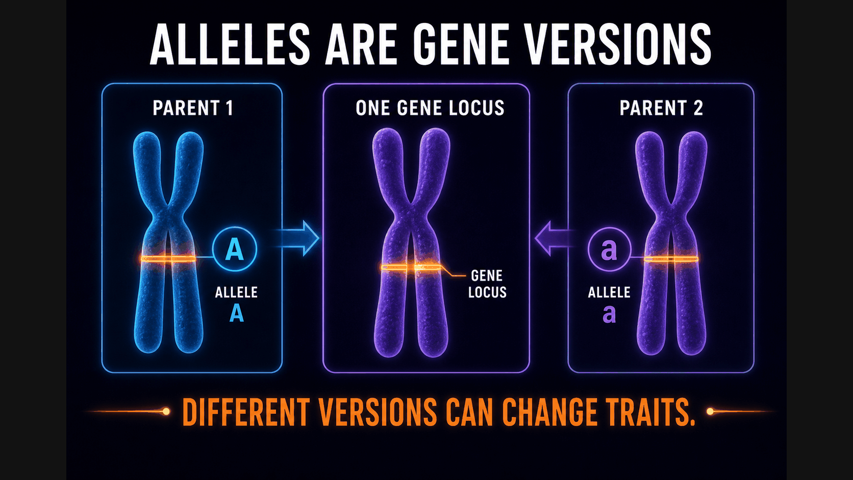 AP Biology alleles infographic showing different versions of a gene inherited from each parent