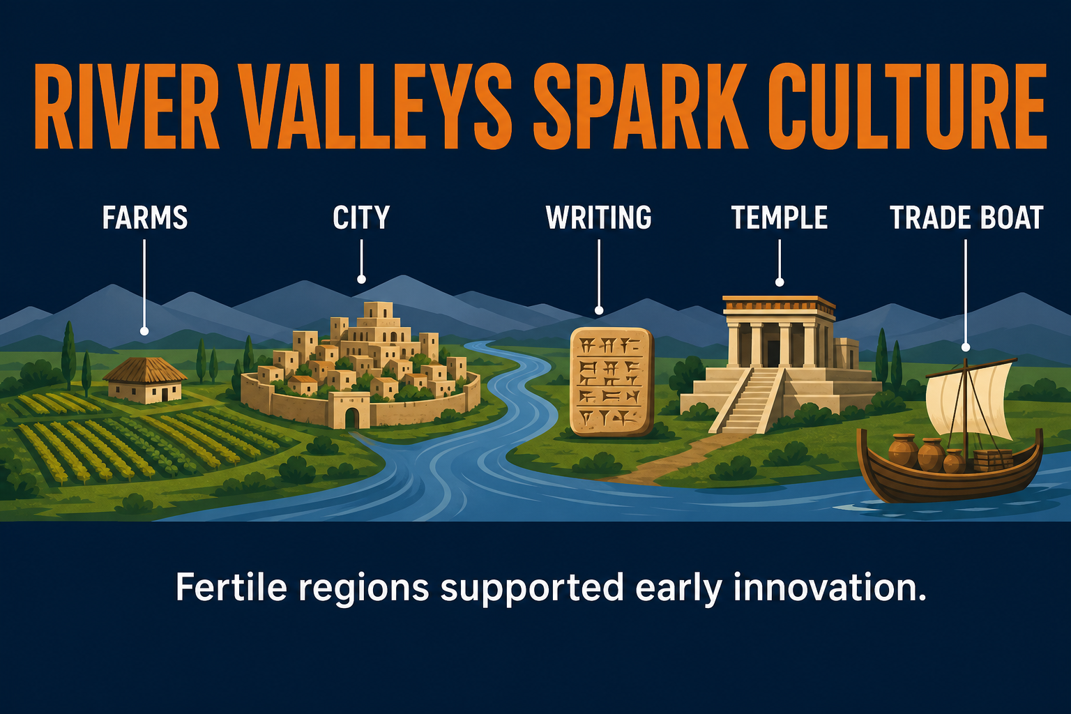 AP Human Geography ancient cultural hearths visual showing river valleys agriculture cities writing temples and trade