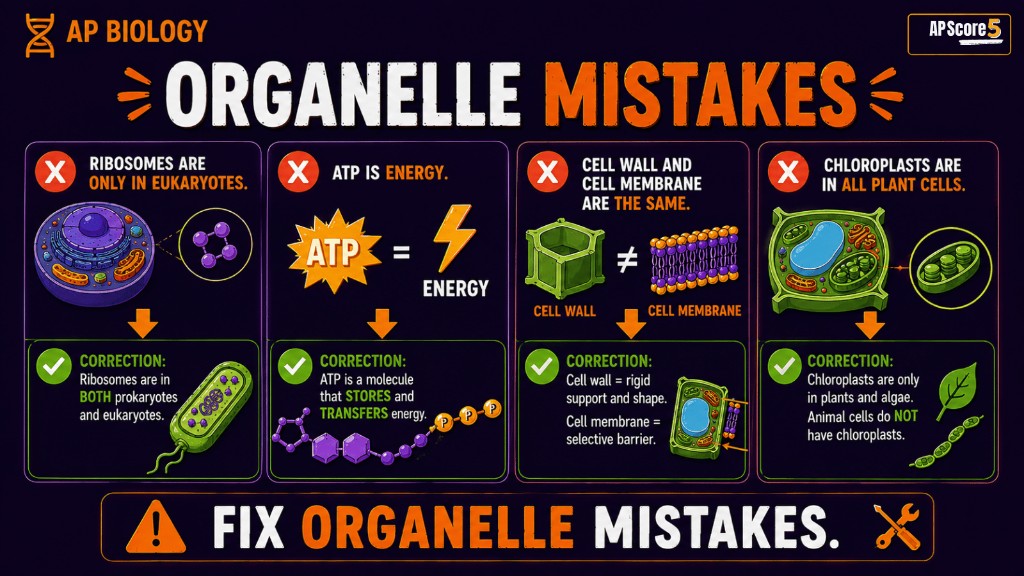 AP Bio organelle common mistakes infographic showing misconceptions about ribosomes, ATP, chloroplasts, and cell wall