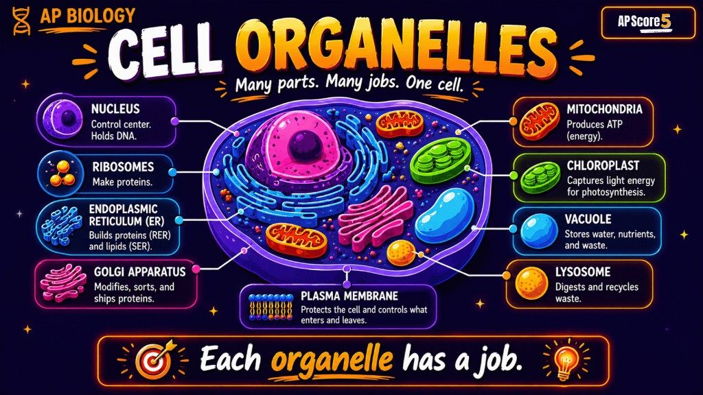 AP Bio organelles and their functions infographic showing a eukaryotic cell with major organelles