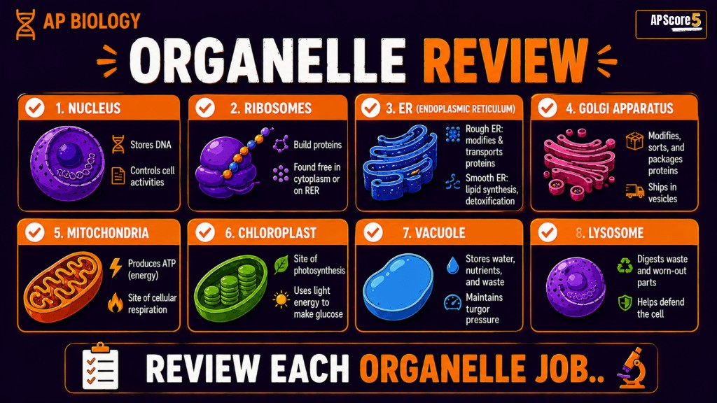 AP Bio organelles review infographic showing checklist of major organelles and their functions