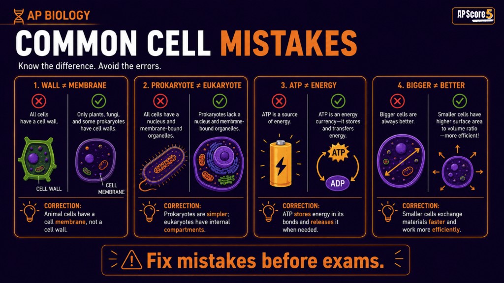 AP Biology cell structure common mistakes infographic showing misconceptions about membranes, prokaryotes, ATP, and cell size