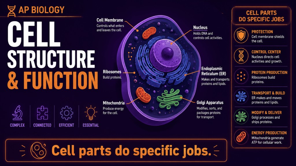 AP Biology cell structure and function infographic showing a eukaryotic cell with membrane, nucleus, ribosomes, mitochondria, and organelles