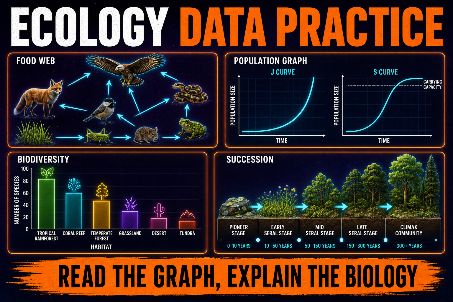 AP Biology Ecology Data Practice AP Biology ecology data practice showing food webs population graphs biodiversity charts and succession timelines