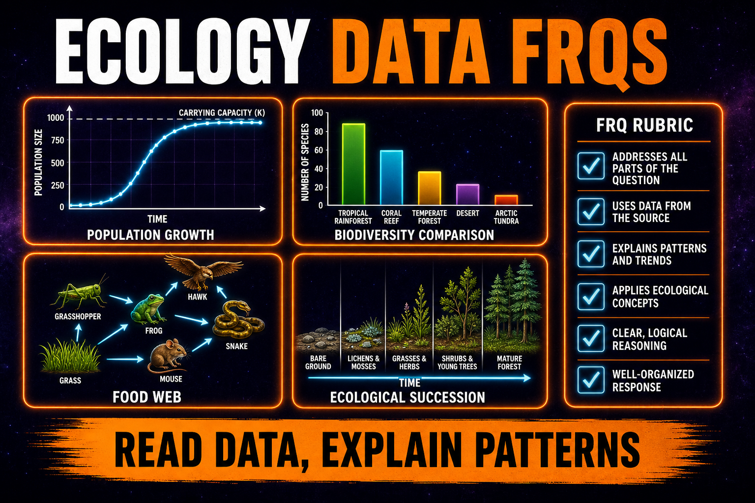 AP Biology Ecology FRQ Data Analysis AP Biology ecology FRQ data analysis showing graphs food webs biodiversity data and succession timelines
