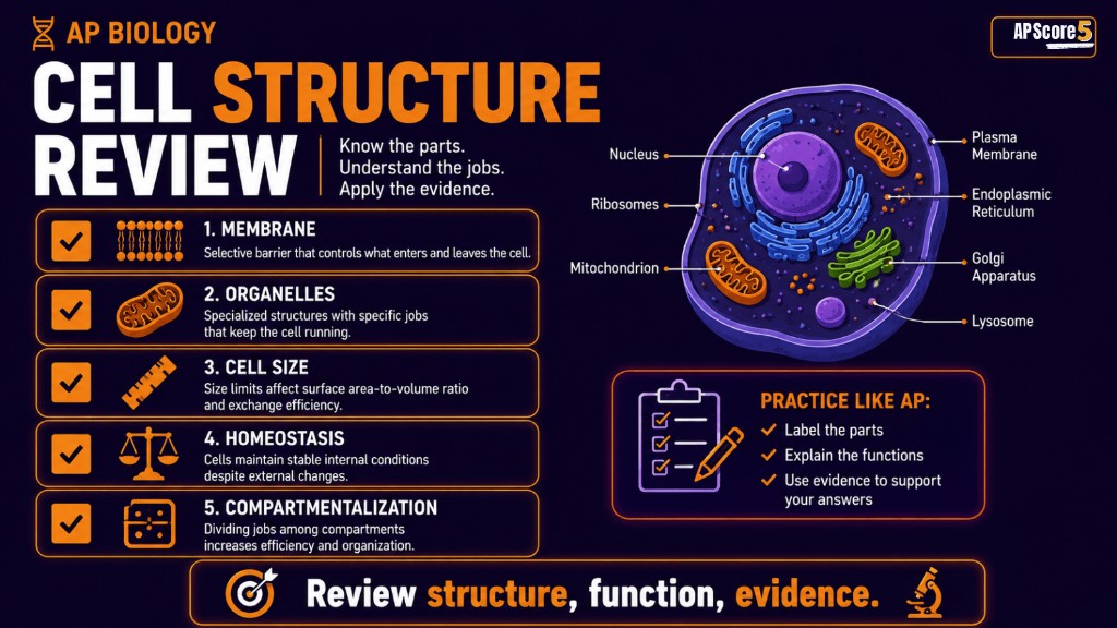AP Biology Unit 2 cell structure review infographic with checklist for membrane, organelles, cell size, homeostasis, and compartmentalization