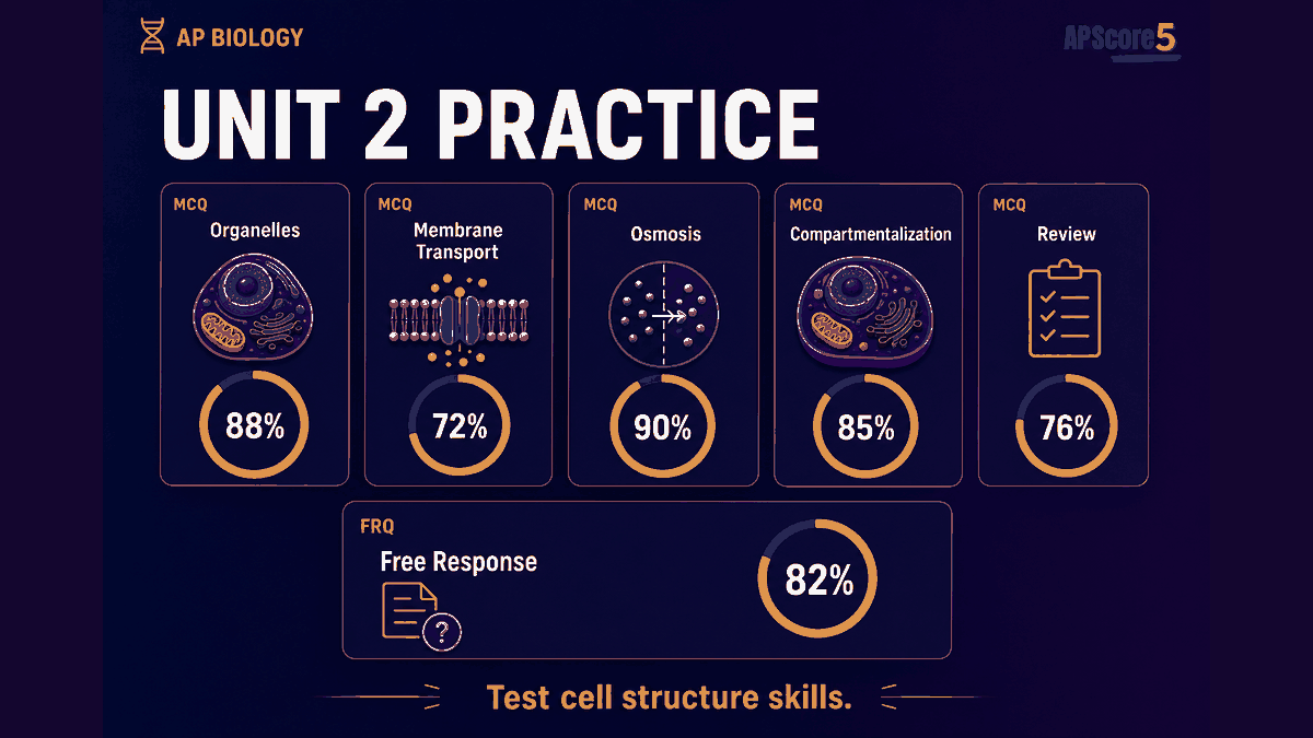 AP Biology Unit 2 practice questions dashboard with MCQs FRQs score tracking and cell structure icons