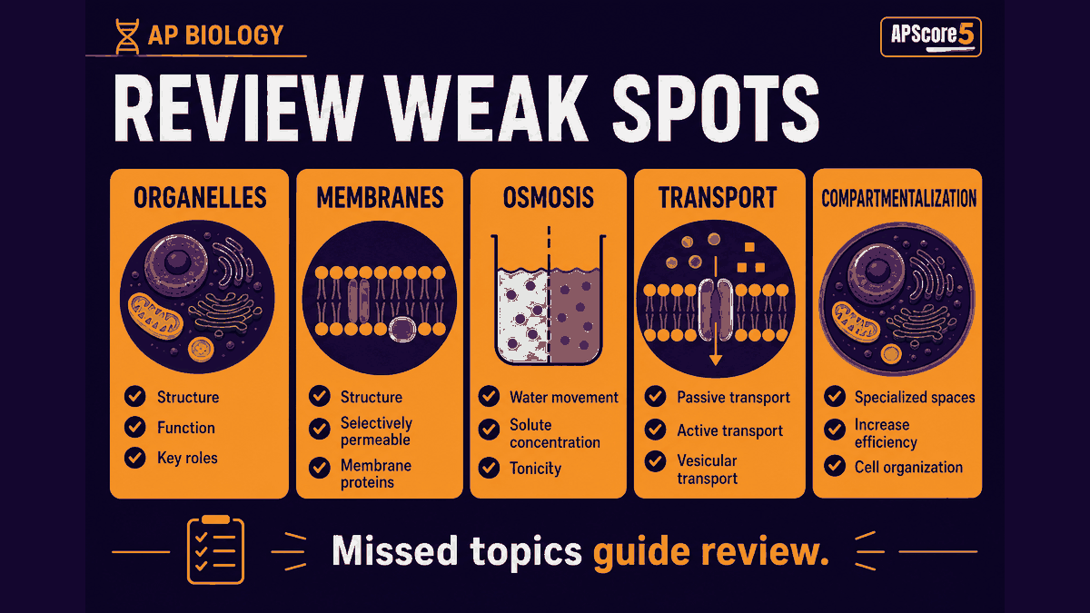 AP Biology Unit 2 weak-area review infographic showing missed-topic cards for organelles membranes osmosis transport and compartmentalization