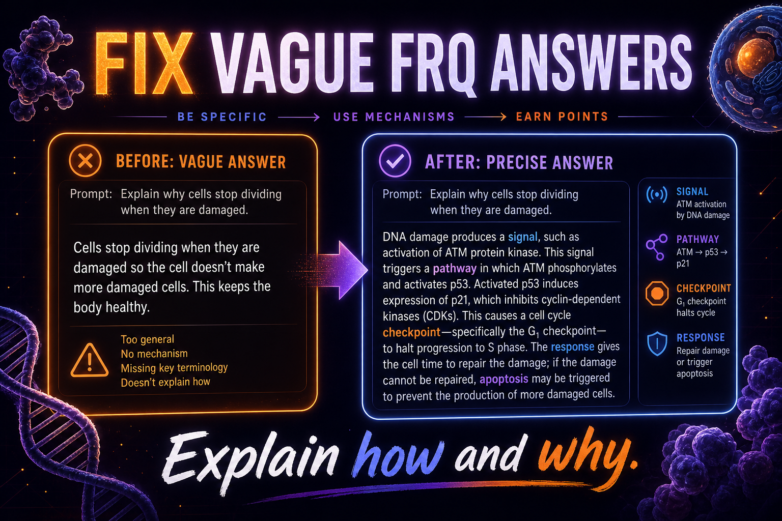 AP Biology Unit 4 FRQ mistake fixer infographic showing vague answers improved into precise mechanism-based responses