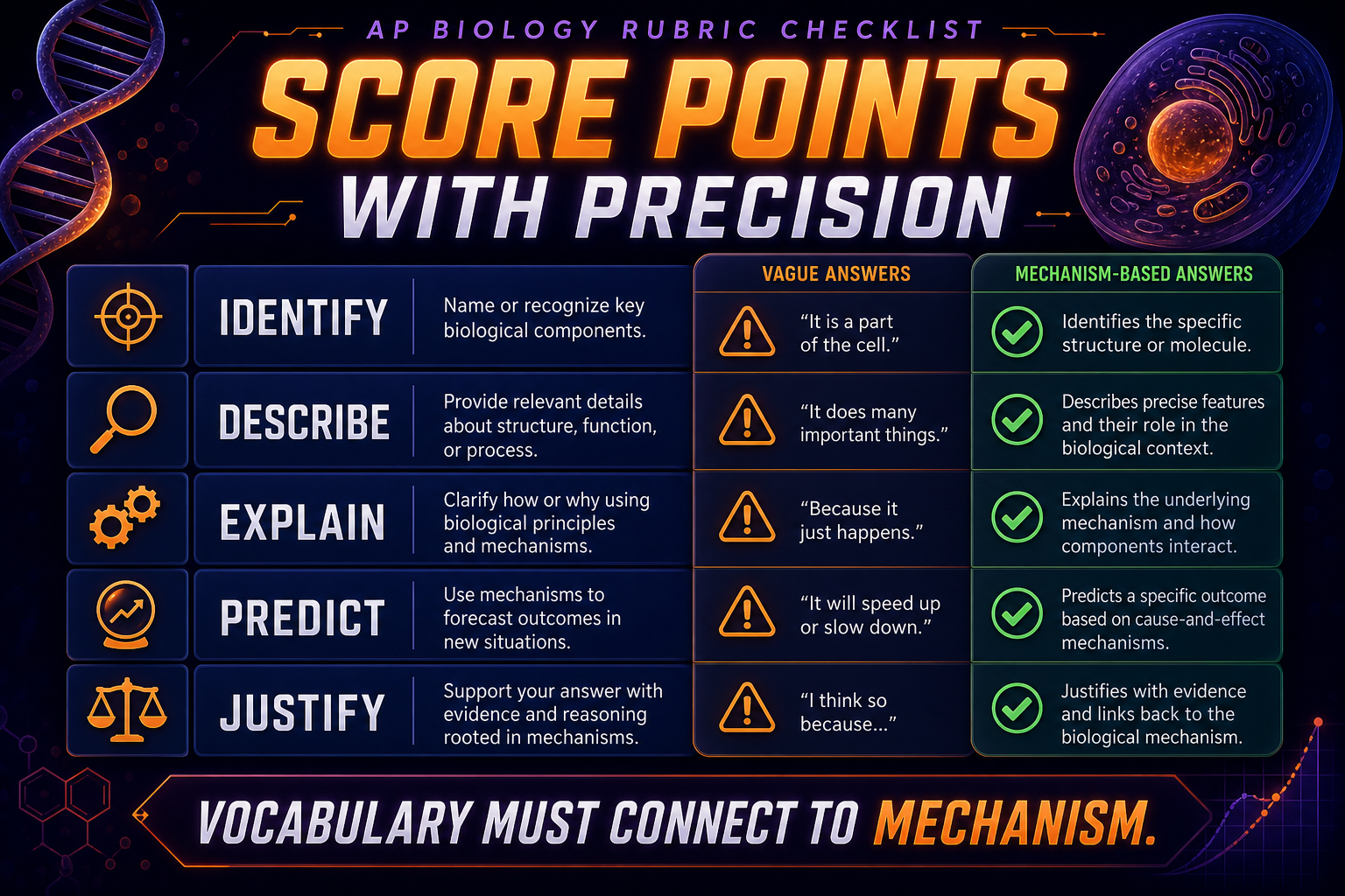AP Biology Unit 4 FRQ rubric checklist infographic showing identify, describe, explain, predict, and justify scoring actions