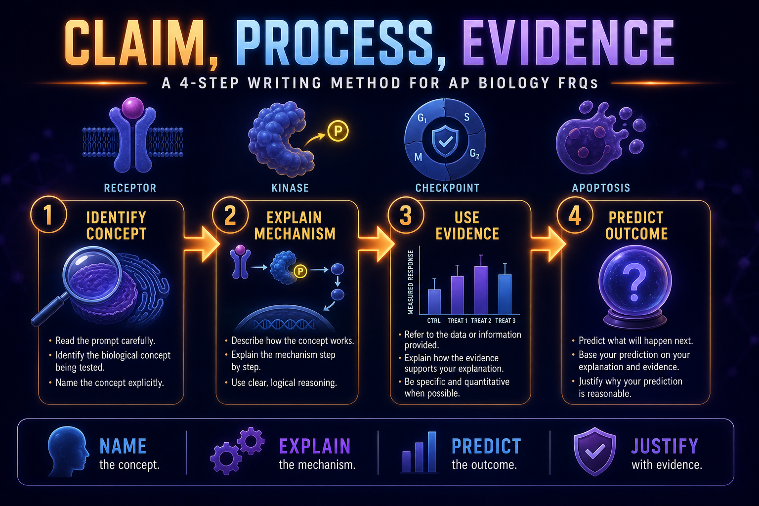 AP Biology Unit 4 FRQ writing method infographic showing how to identify, explain, use evidence, and predict outcomes