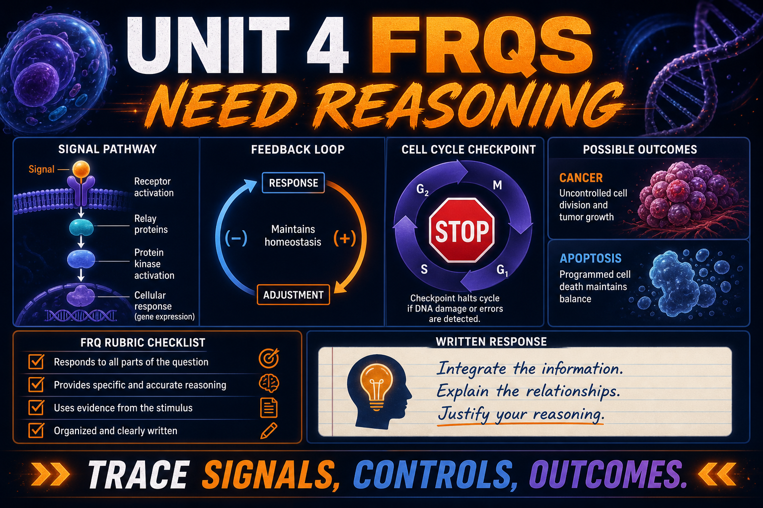 AP Biology Unit 4 FRQ infographic showing cell communication, feedback, cell cycle checkpoints, cancer, apoptosis, and free response scoring