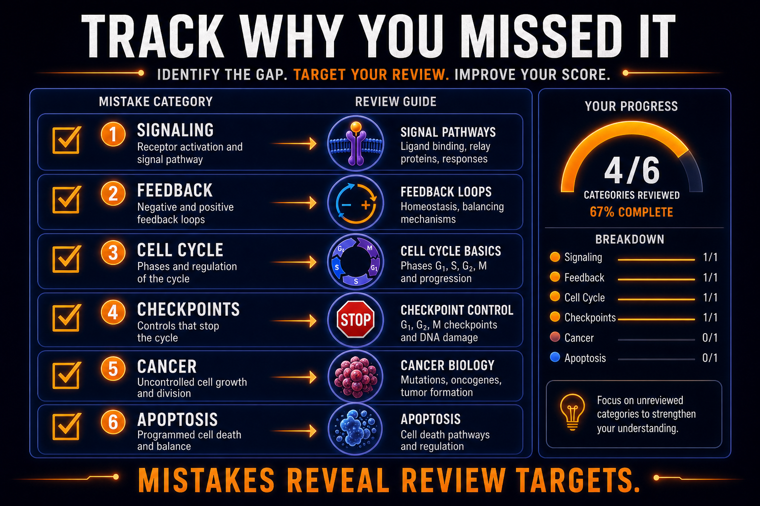 AP Biology Unit 4 mistake tracker infographic showing signaling, feedback, cell cycle, checkpoints, cancer, and apoptosis review categories