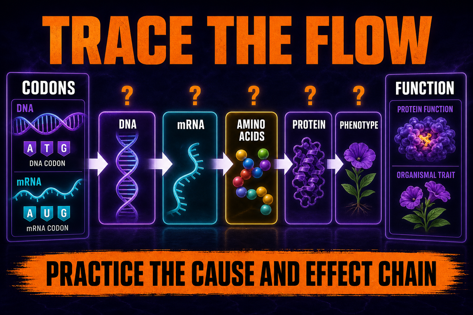 AP Biology Unit 6 DNA RNA protein practice showing information flow to phenotype