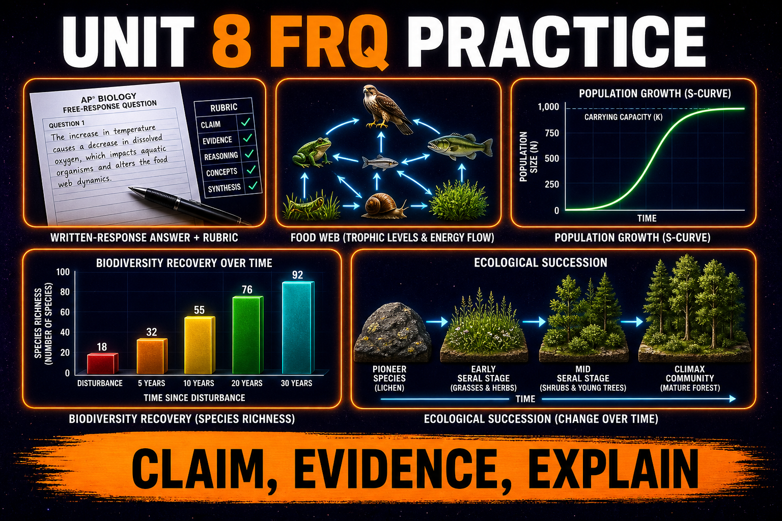 AP Biology Unit 8 Ecology FRQ Practice AP Biology Unit 8 ecology FRQ practice showing written response rubric food web population graph biodiversity and succession