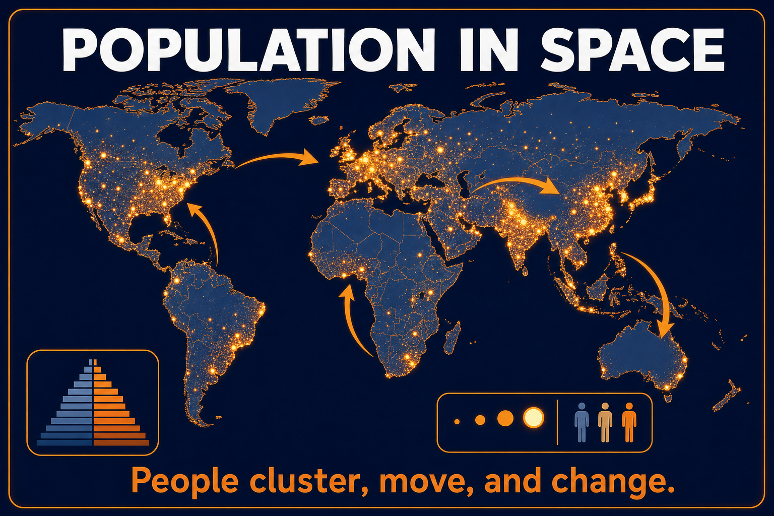 AP Human Geography Unit 2 population and migration infographic showing distribution, density, pyramids, and migration patterns