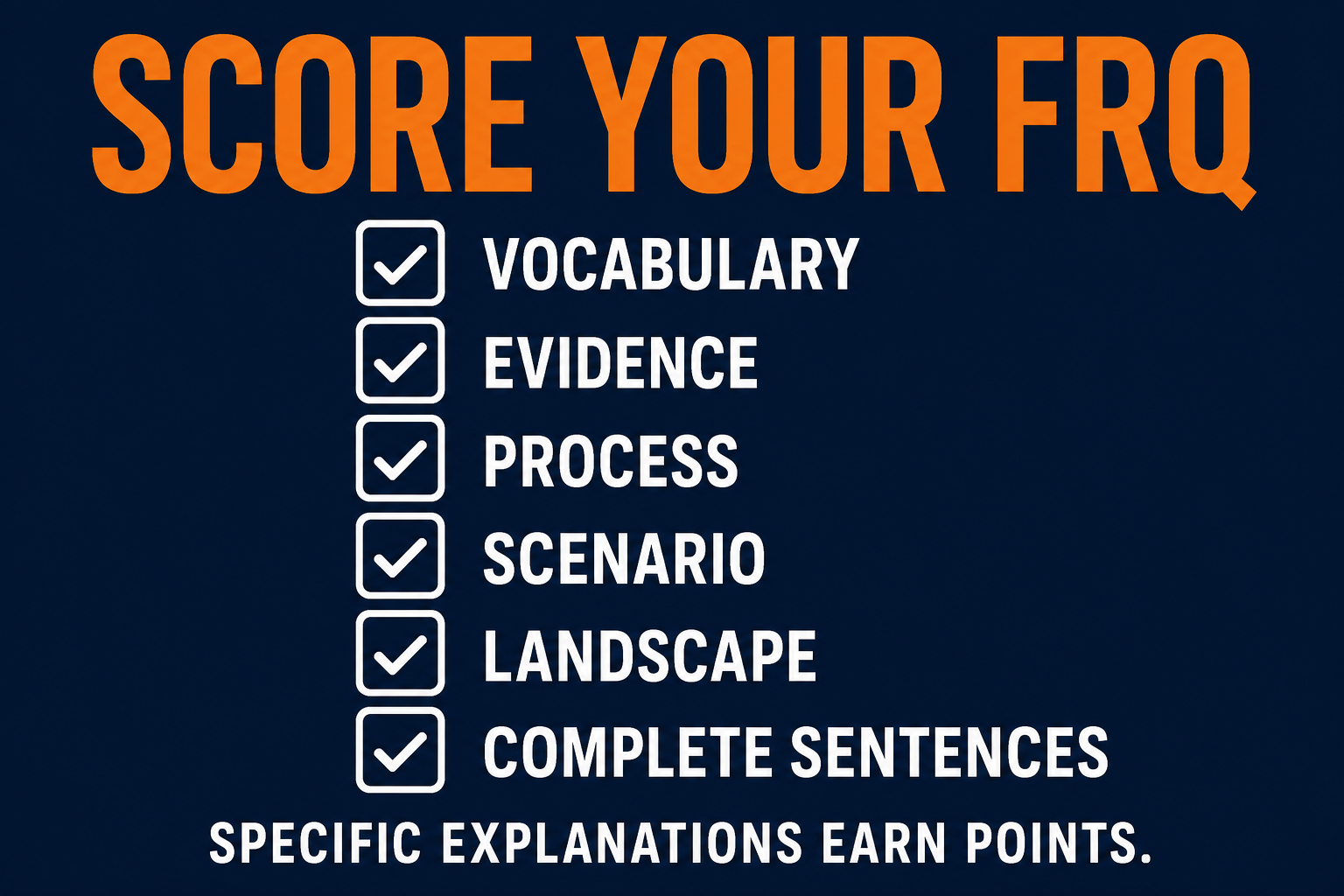AP Human Geography Unit 3 FRQ scoring checklist visual showing vocabulary evidence process scenario landscape and complete sentences