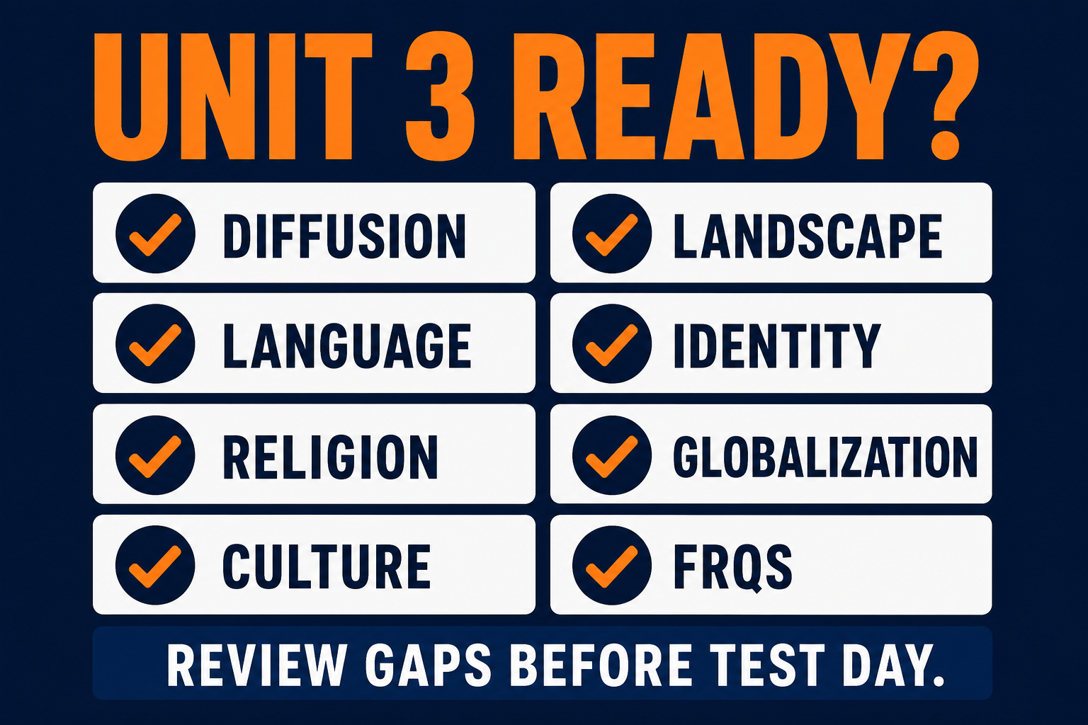 AP Human Geography Unit 3 test checklist visual showing diffusion language religion culture landscape identity globalization and FRQ cards