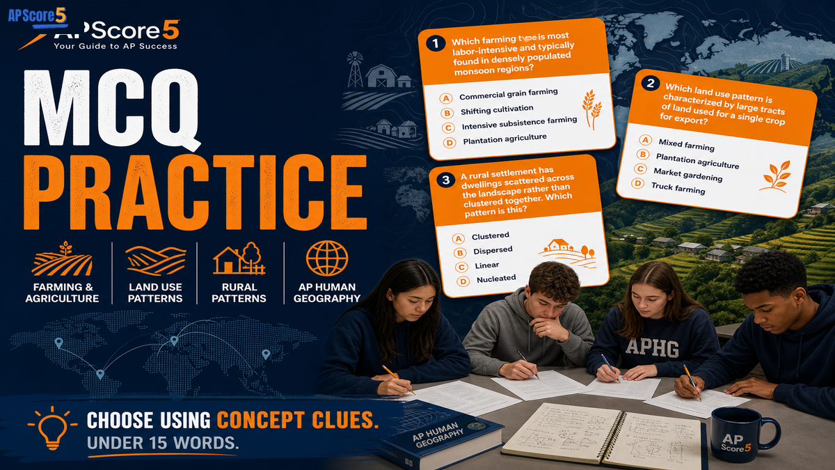 AP Human Geography Unit 5 MCQ practice infographic showing students answering agriculture and rural land use questions