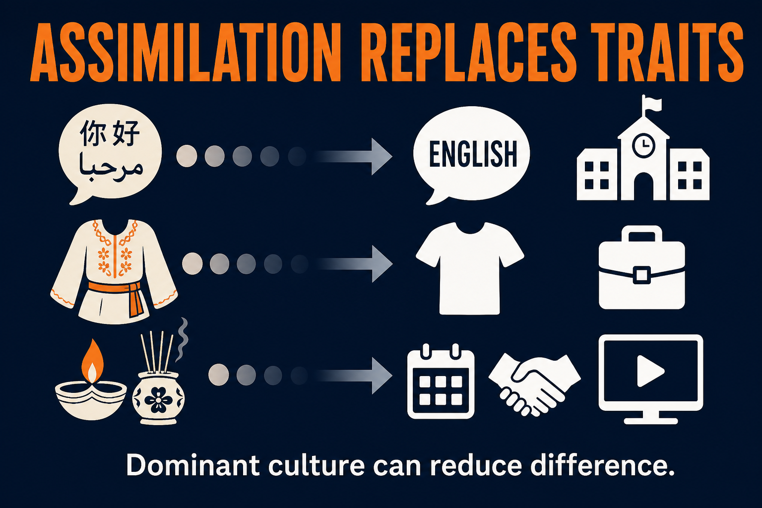 AP Human Geography assimilation visual showing heritage language clothing and customs fading as dominant school work and media symbols grow