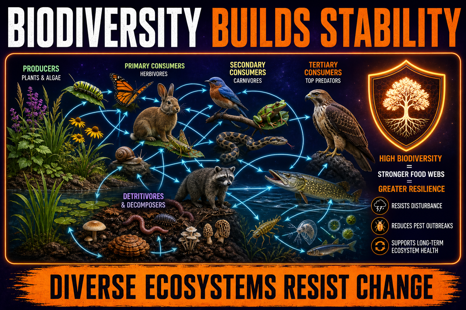 Biodiversity and ecosystem stability AP Biology showing diverse food web and ecosystem resilience
