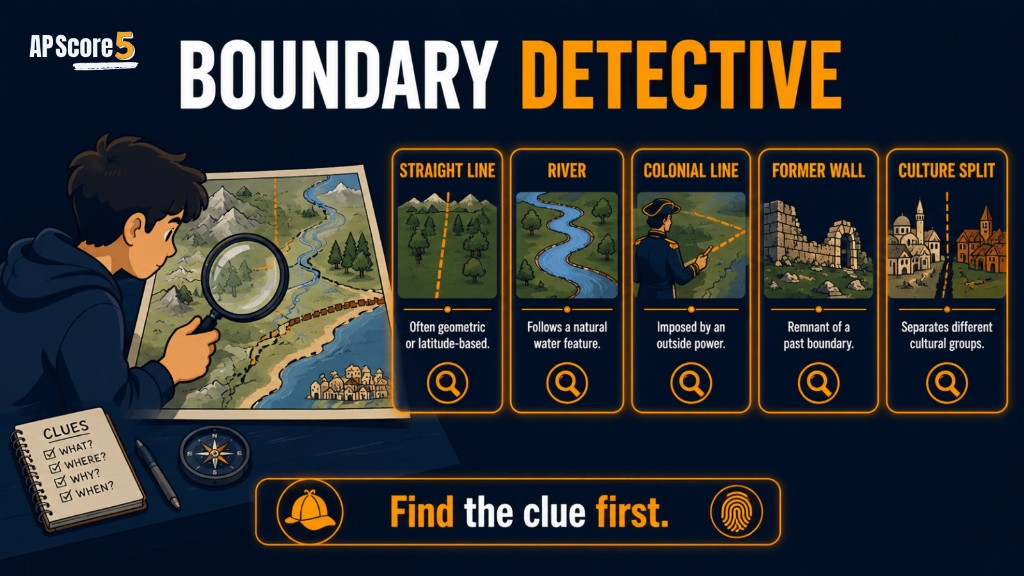 AP Human Geography boundary detective practice image showing map clues for identifying boundary types