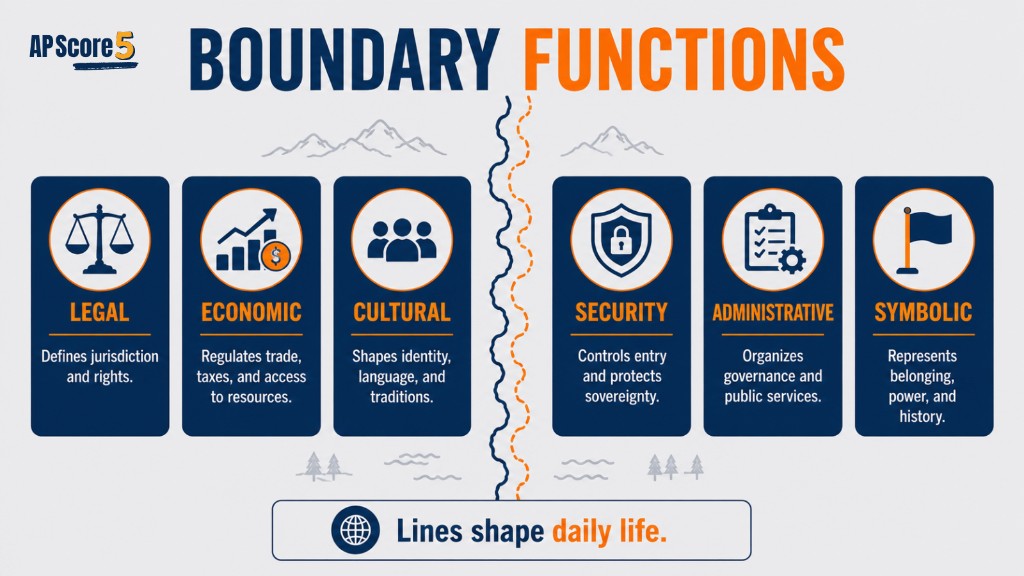 AP Human Geography boundary functions infographic showing legal economic cultural security administrative and symbolic roles