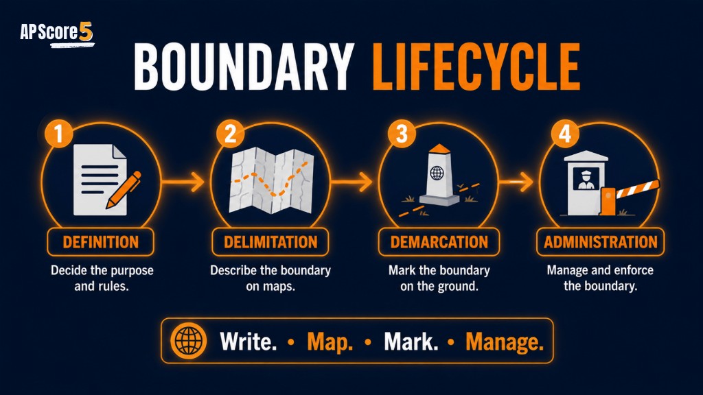Boundary lifecycle AP Human Geography graphic showing definition delimitation demarcation and administration