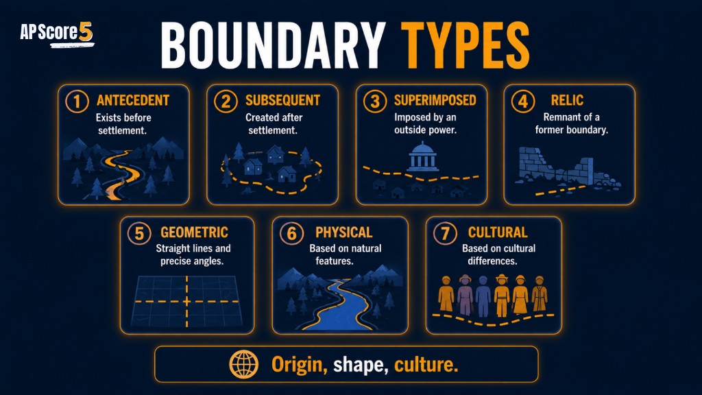 AP Human Geography boundary types overview showing antecedent subsequent superimposed relic geometric physical and cultural boundaries