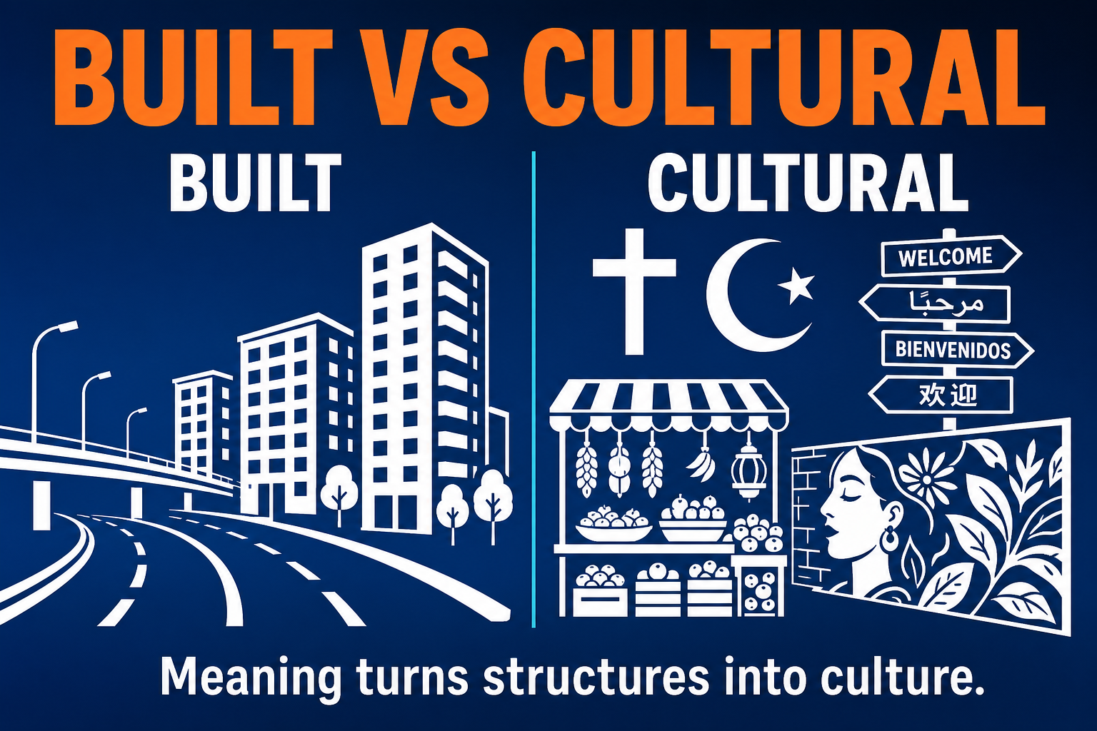 AP Human Geography comparison of built environment and cultural landscape showing structures and cultural meaning