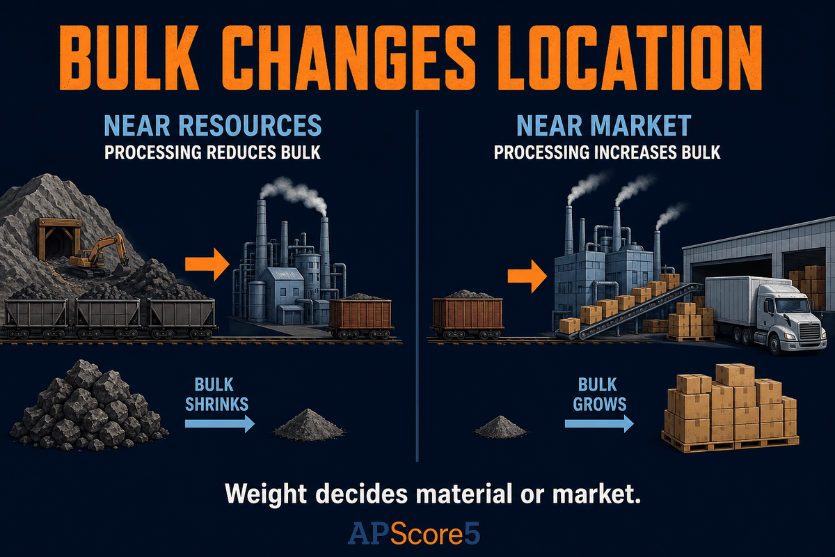 AP Human Geography bulk-reducing versus bulk-gaining industries infographic comparing weight loss near raw materials with weight gain near consumer markets.