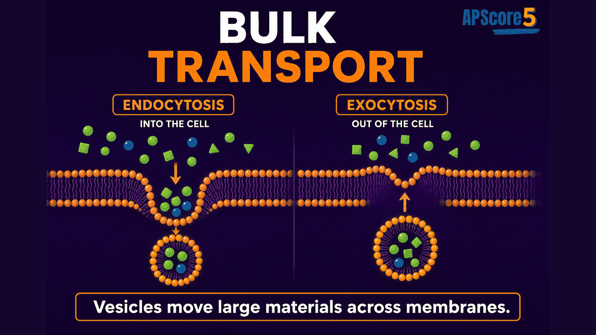 Bulk transport AP Biology infographic showing vesicles moving large materials into and out of a cell