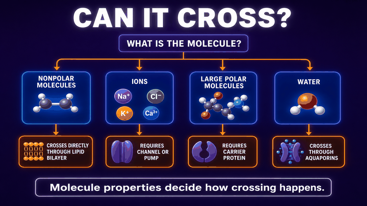 AP Biology membrane crossing decision tree showing how size polarity and charge affect whether molecules cross