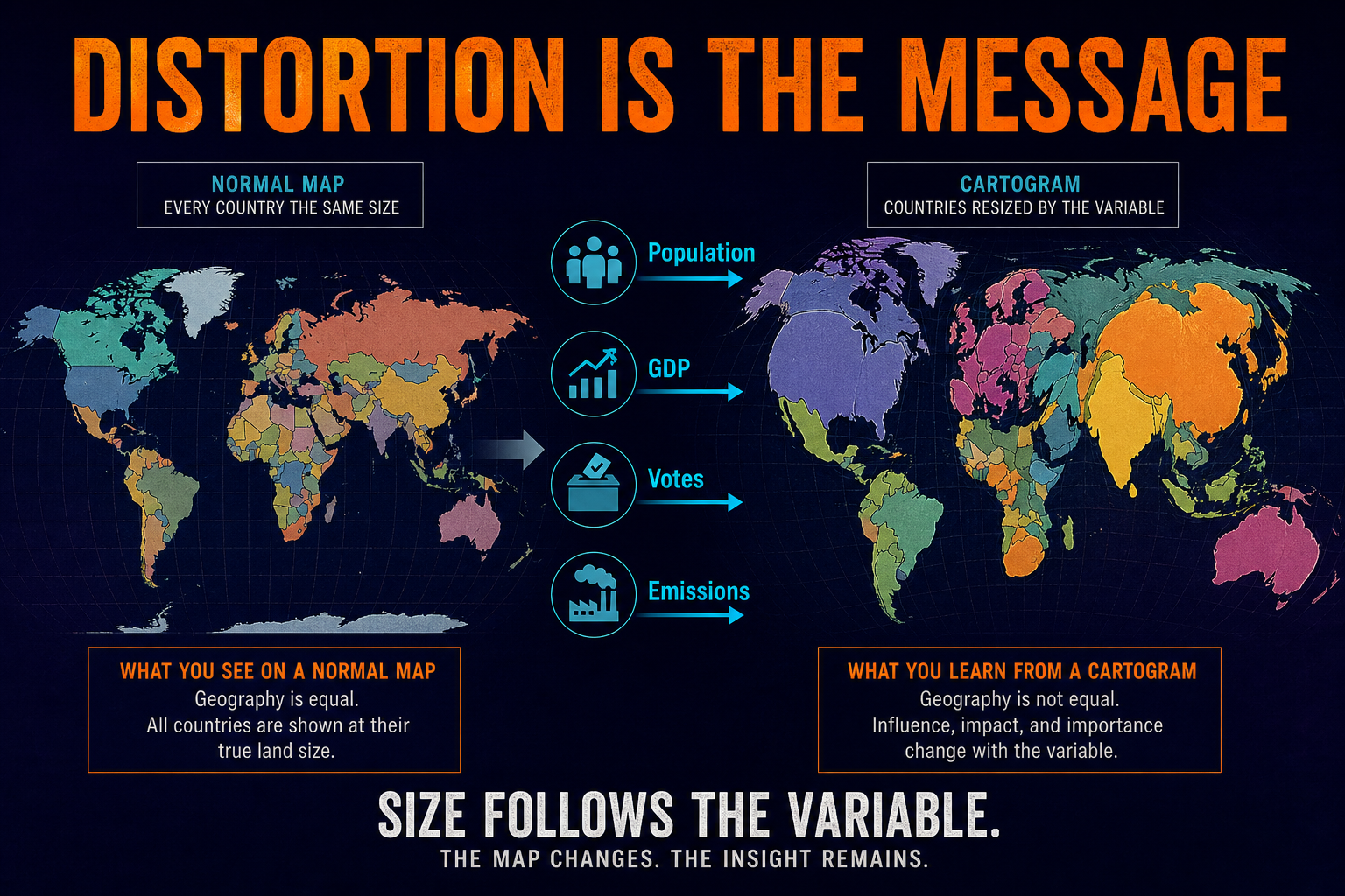 Cartogram distortion in AP Human Geography showing land area changed intentionally to represent data values