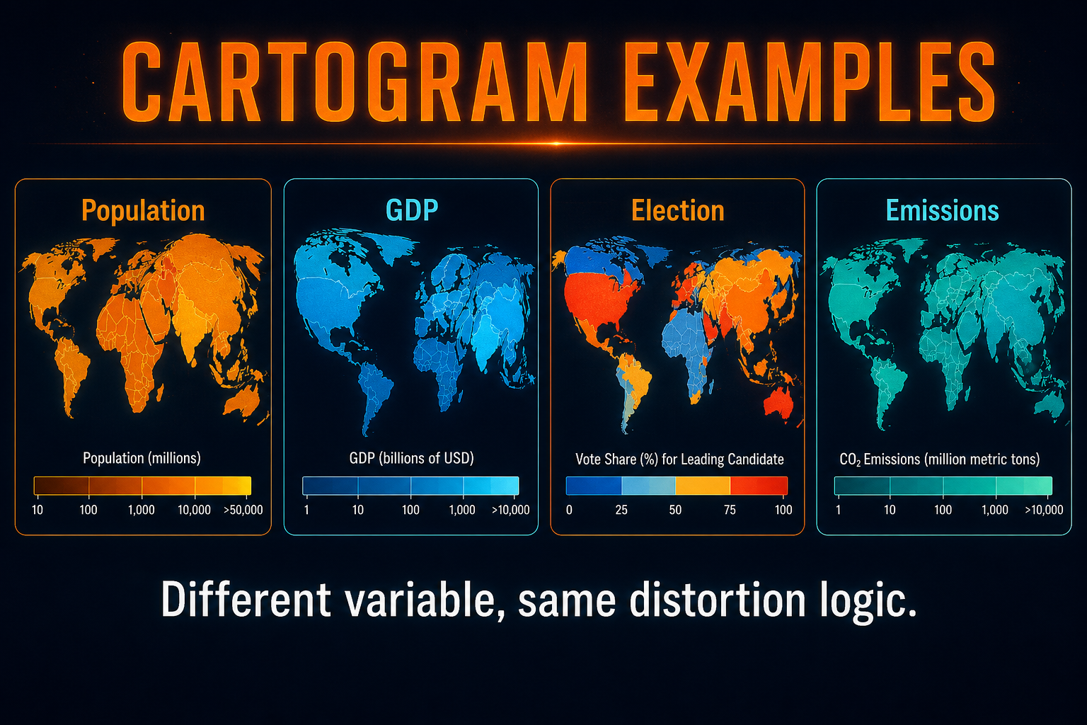 Cartogram examples in AP Human Geography including population GDP election emissions and disease burden cartograms