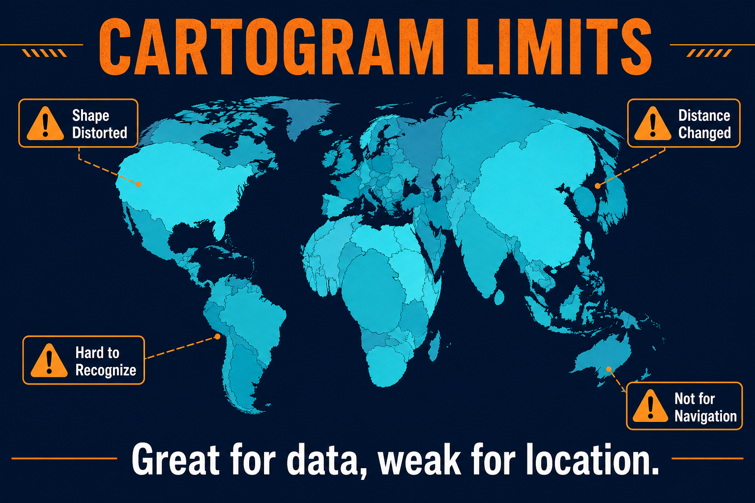 Cartogram limitations in AP Human Geography showing distorted shape distance location and recognition problems